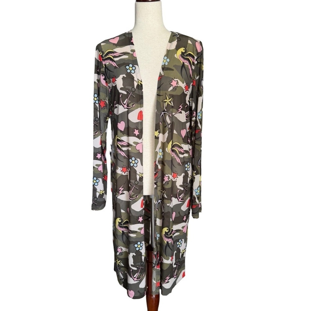 Love J Sheer Mesh Rockabilly Duster Cardigan Large Olive Camouflage Birds Anchor